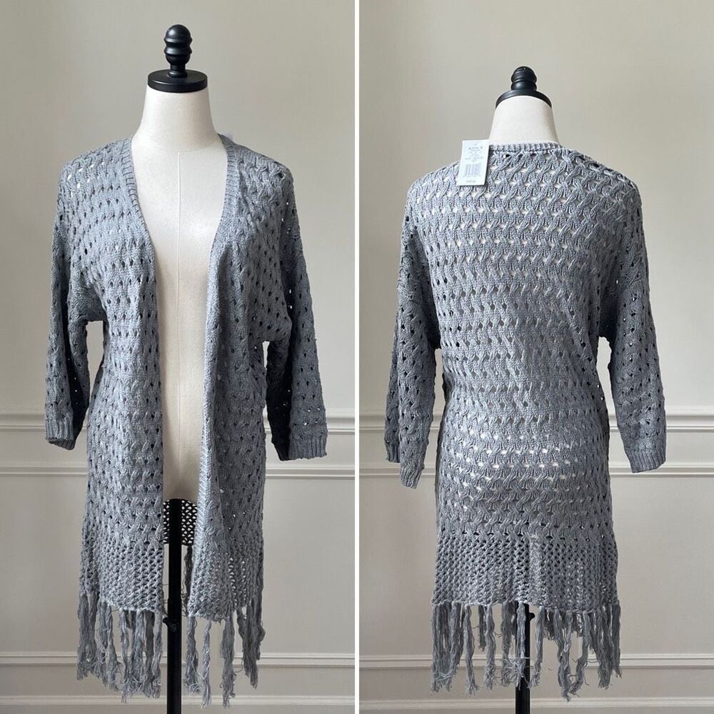 NWT Freshman Open Knit Grey Cardigan Tassels M